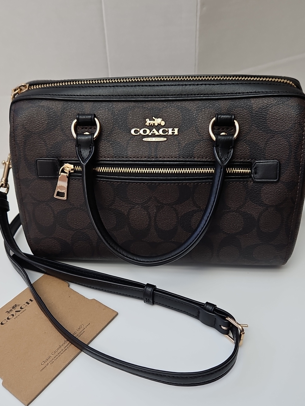 🤎🖤 Coach Brown/Black Rowan Medium Signature Satchel with Gold Hardware
